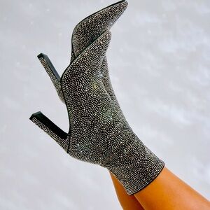 BILLINI- BRITTANY BLACK SATIN-RHINESTONE BOOTIE SIZE 6